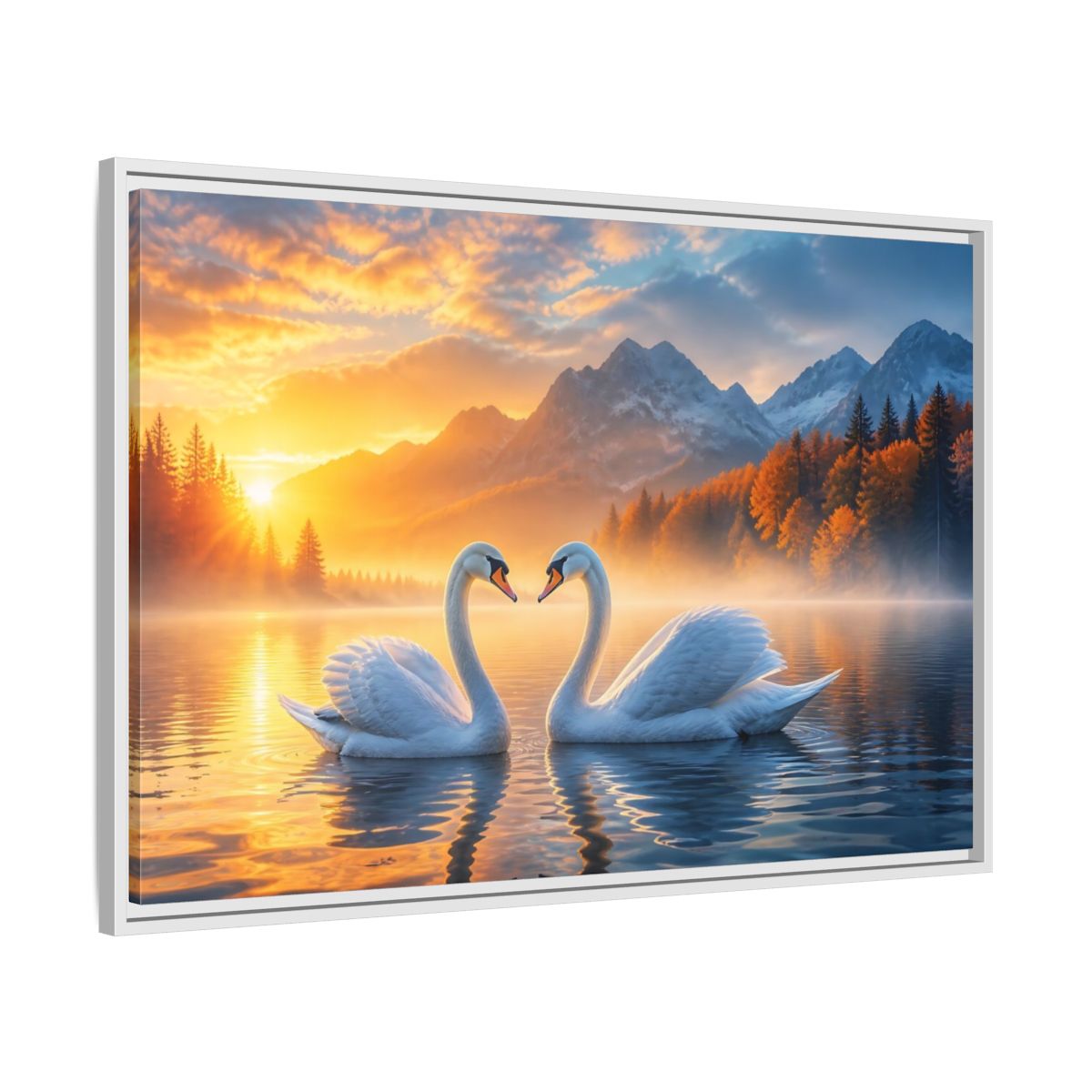 Nature Swans Golden Sunset Framed Canvas Print – Living Room, Above Console Table - YesArtYes
