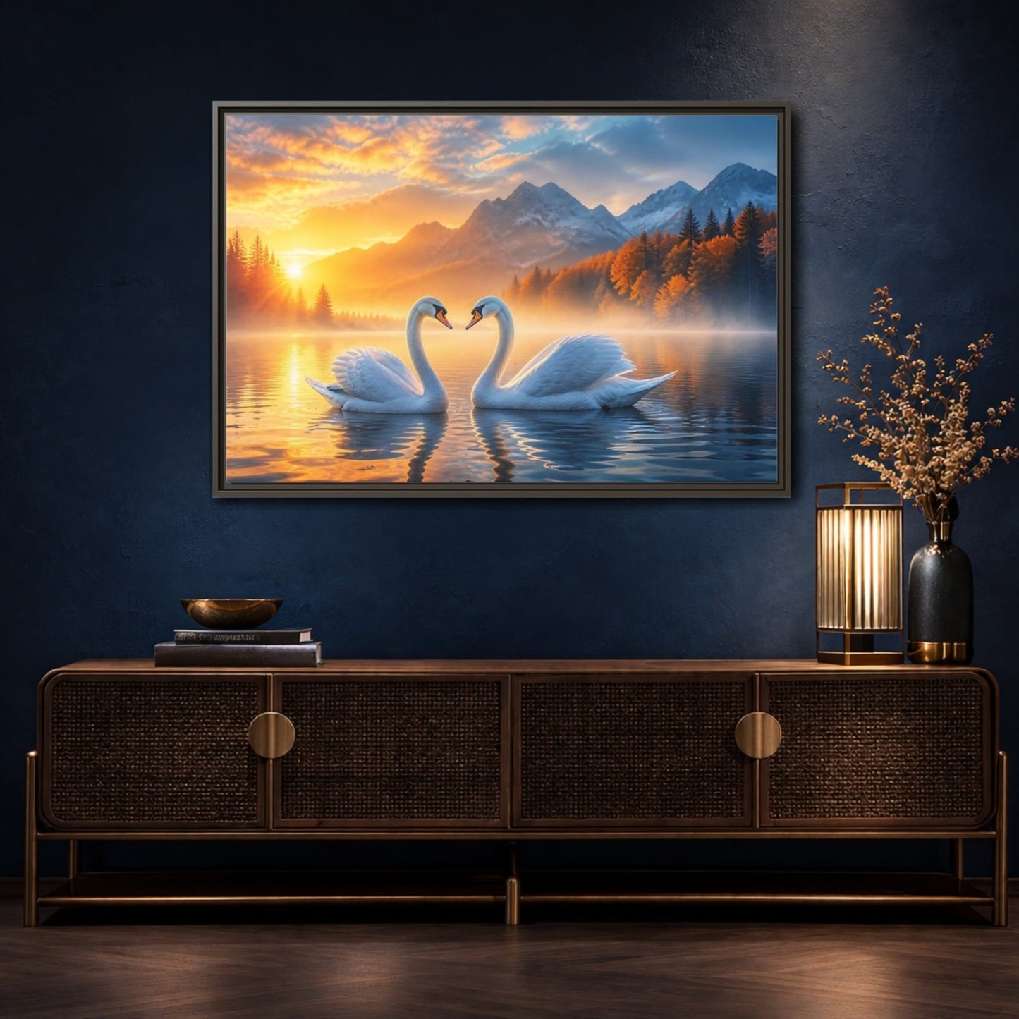 Nature Swans Golden Sunset Framed Canvas Print – Living Room, Above Console Table - YesArtYes