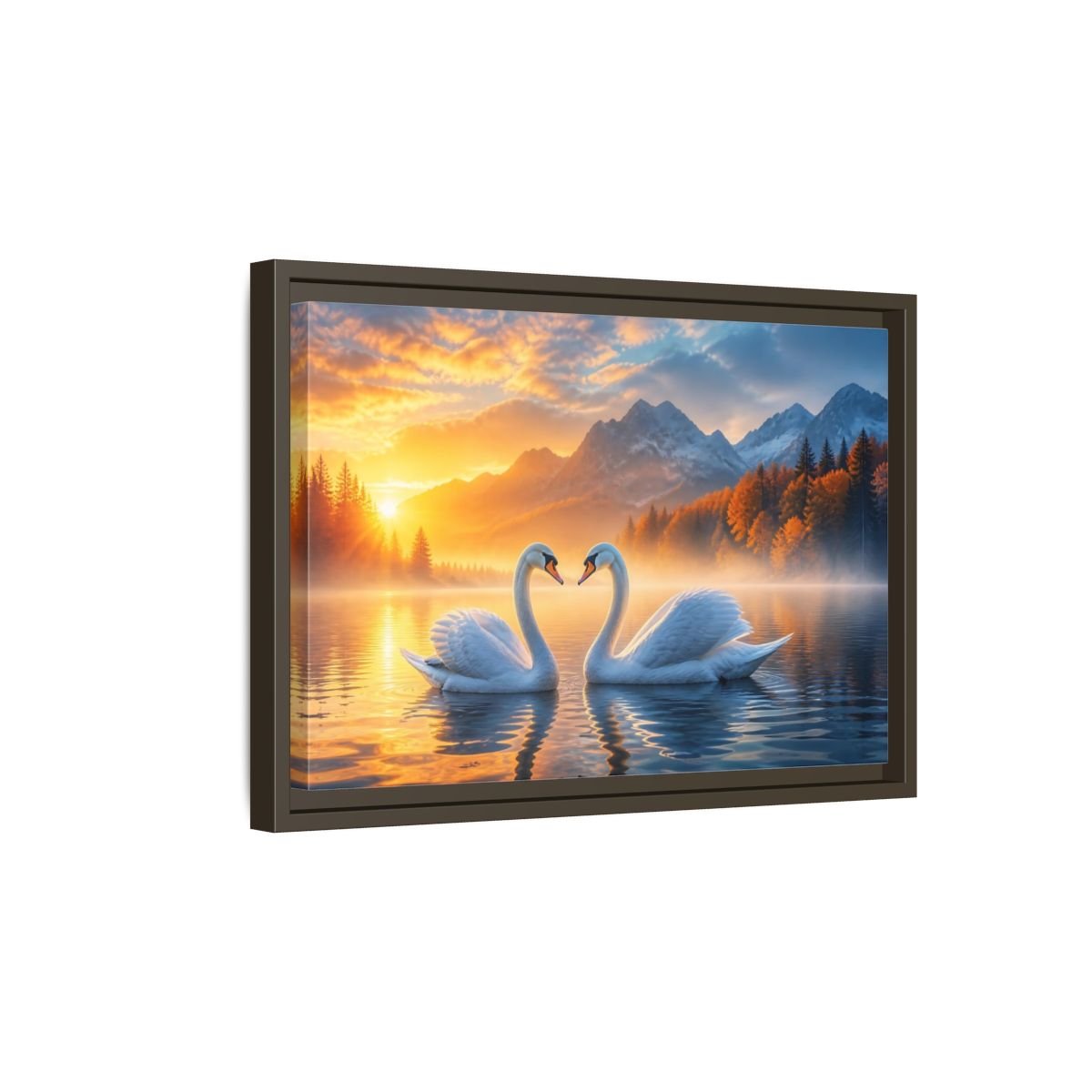 Nature Swans Golden Sunset Framed Canvas Print – Living Room, Above Console Table - YesArtYes