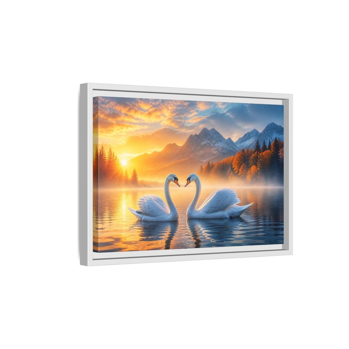 Nature Swans Golden Sunset Framed Canvas Print – Living Room, Above Console Table - YesArtYes