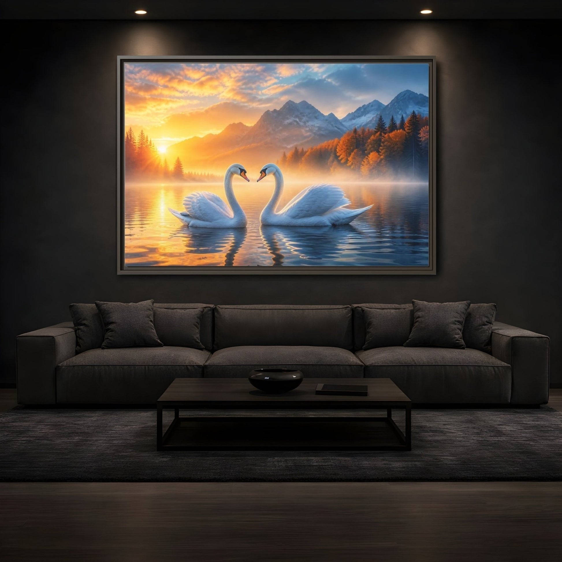 Nature Swans Golden Sunset Framed Canvas Print – Living Room, Above Console Table - YesArtYes