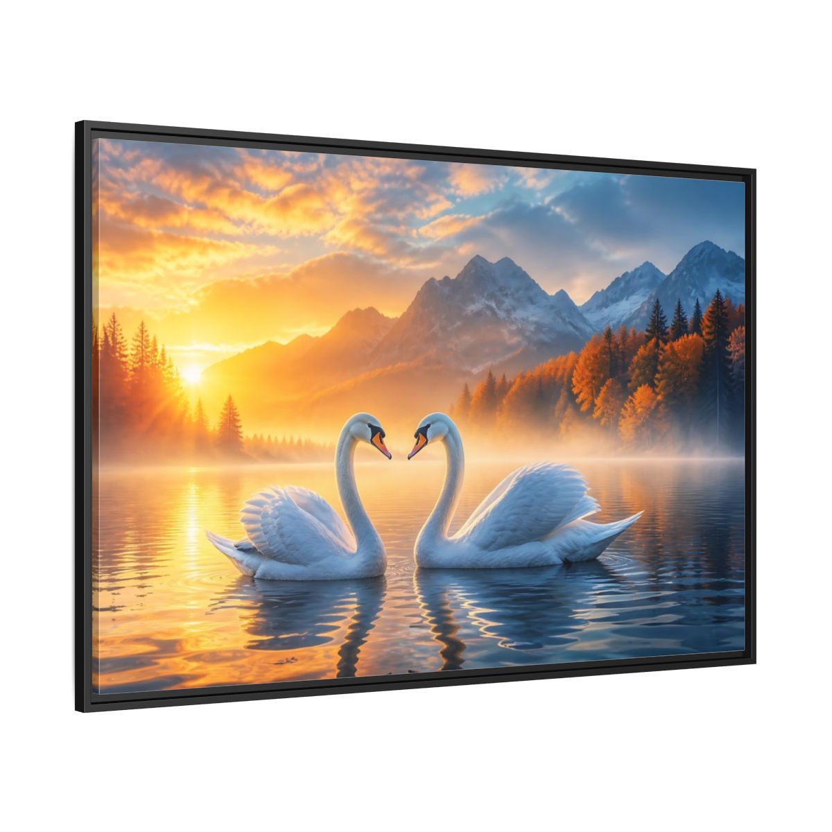 Nature Swans Golden Sunset Framed Canvas Print – Living Room, Above Console Table - YesArtYes
