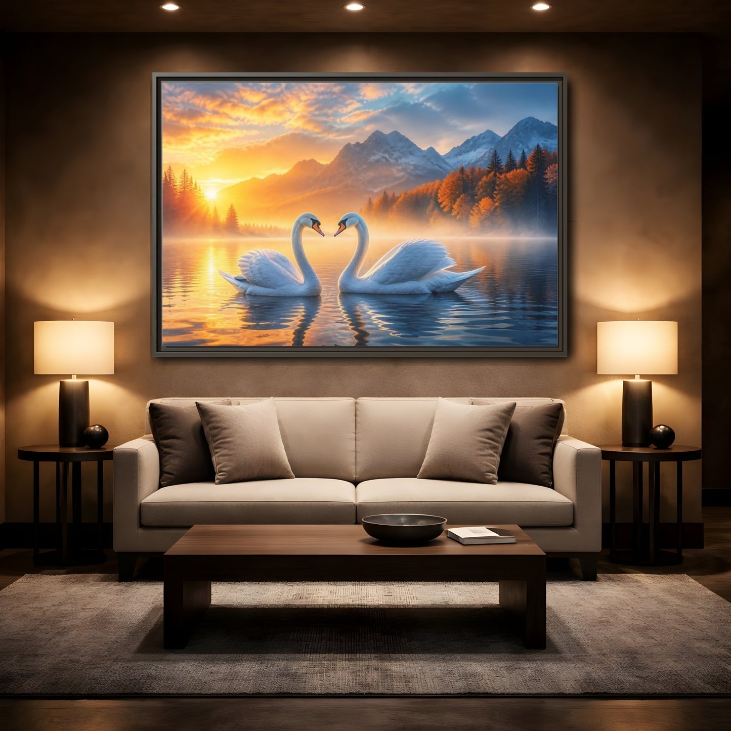 Mockup 2. Nature Swans Golden Sunset shown as stretched canvas wall art