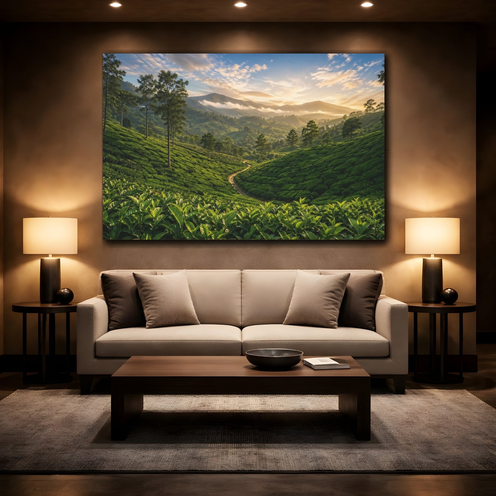 Mockup 2. Nature Tea Plantation Green Landscape shown as stretched canvas wall art