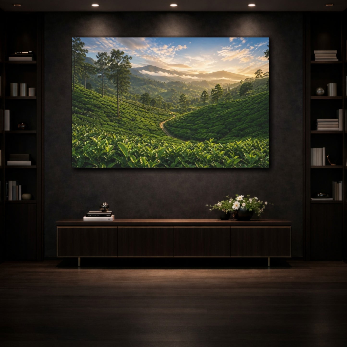 Mockup 3. Nature Tea Plantation Green Landscape shown as stretched canvas wall art