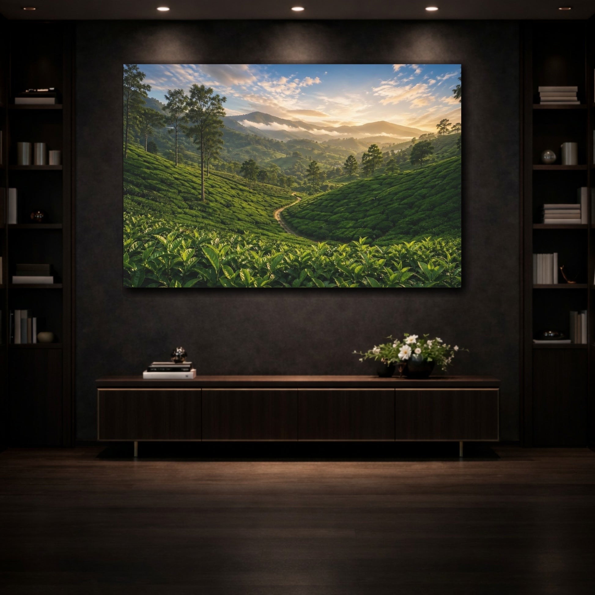 Mockup 3. Nature Tea Plantation Green Landscape shown as stretched canvas wall art