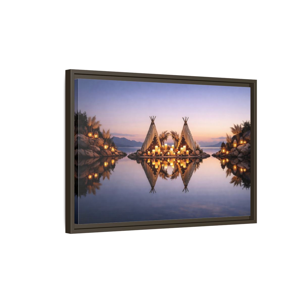 Side Mockup 2. Nature Teepee Decoration Warm Sunset Scene shown as stretched canvas wall art