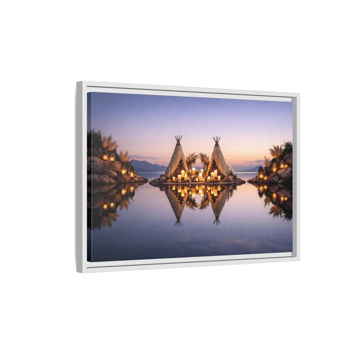Side Mockup 1. Nature Teepee Decoration Warm Sunset Scene shown as stretched canvas wall art