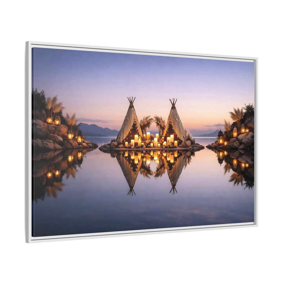 Side Mockup 7. Nature Teepee Decoration Warm Sunset Scene shown as stretched canvas wall art