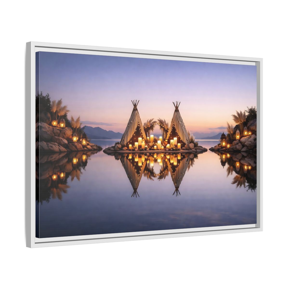 Side Mockup 10. Nature Teepee Decoration Warm Sunset Scene shown as stretched canvas wall art