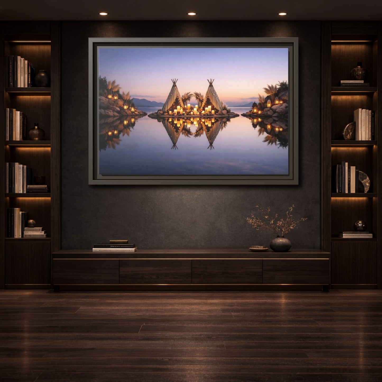 Mockup 3. Nature Teepee Decoration Warm Sunset Scene shown as stretched canvas wall art