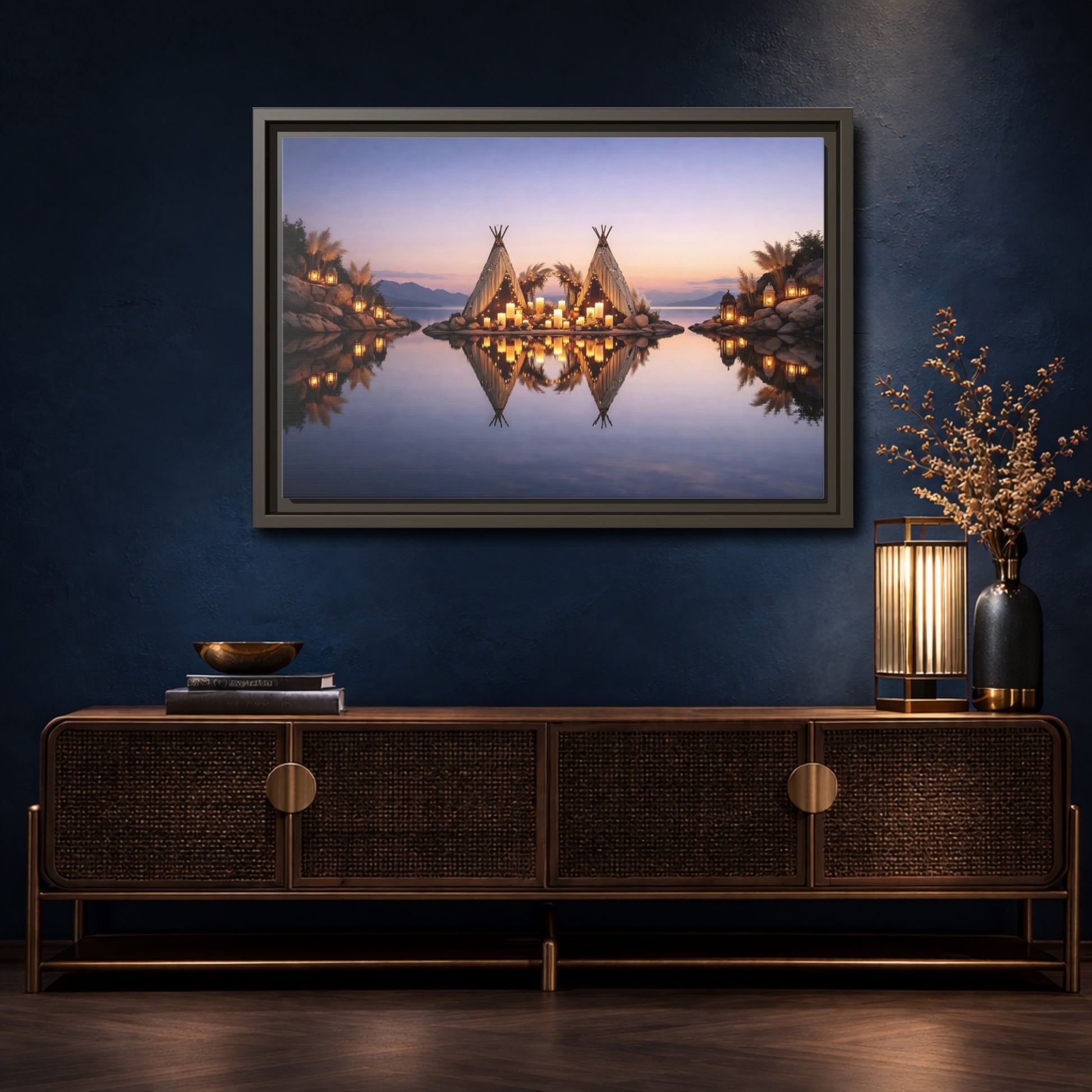 Mockup 4. Nature Teepee Decoration Warm Sunset Scene shown as stretched canvas wall art