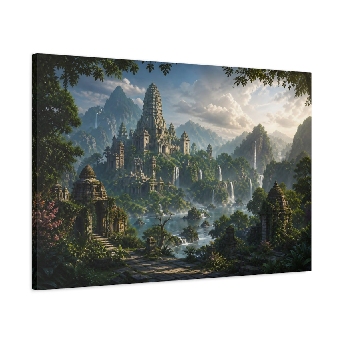 Main Mockup. Nature Temple Complex Green And Grey shown as stretched canvas wall art