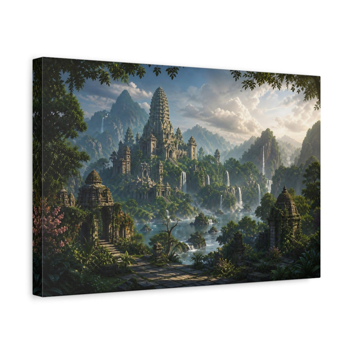 Side Mockup 4. Nature Temple Complex Green And Grey shown as stretched canvas wall art