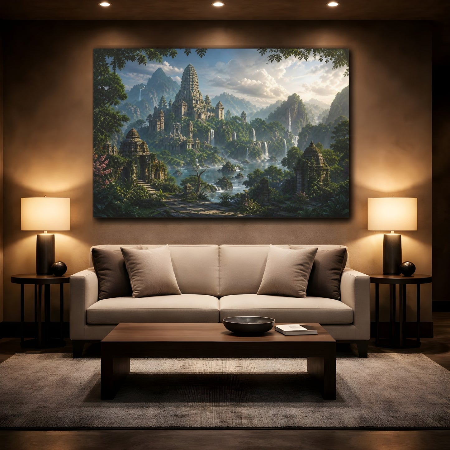 Mockup 2. Nature Temple Complex Green And Grey shown as stretched canvas wall art
