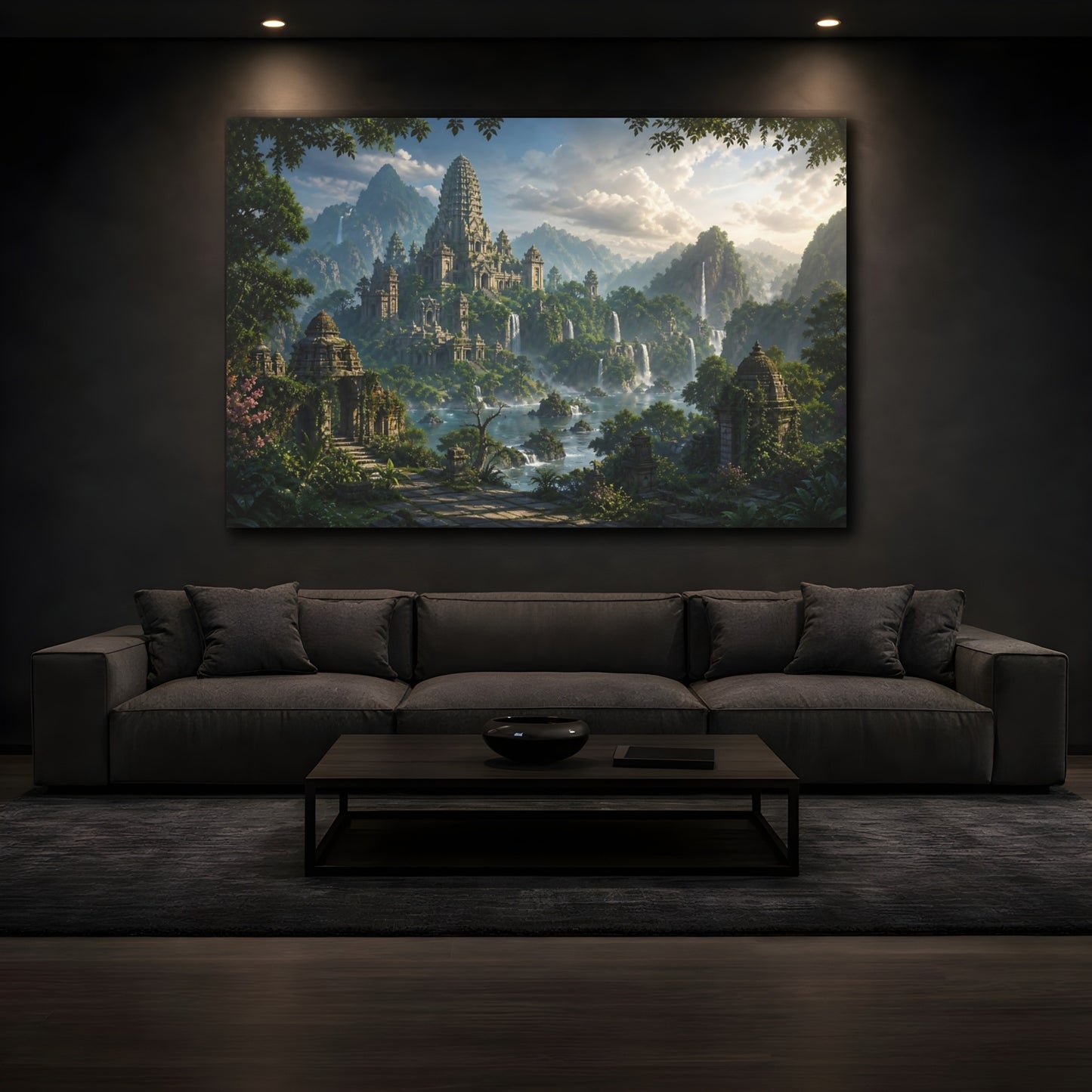 Mockup 3. Nature Temple Complex Green And Grey shown as stretched canvas wall art