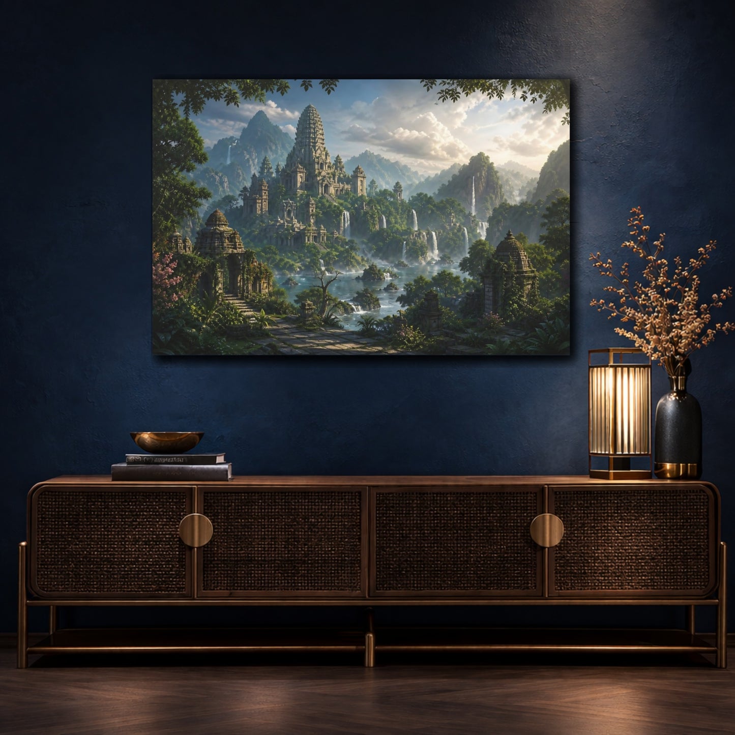 Mockup 4. Nature Temple Complex Green And Grey shown as stretched canvas wall art