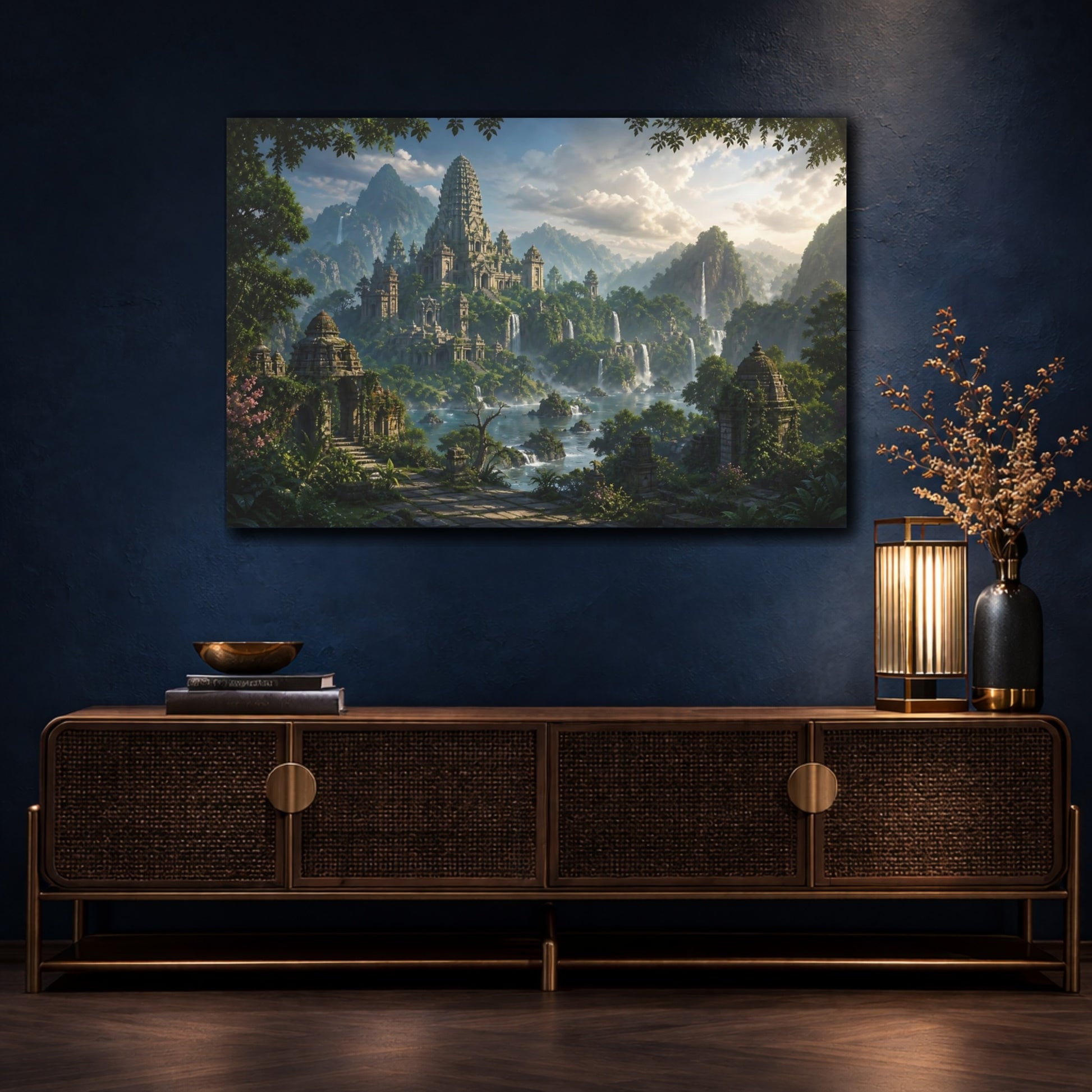 Mockup 4. Nature Temple Complex Green And Grey shown as stretched canvas wall art