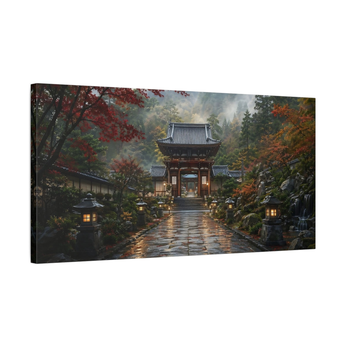 Side Mockup 1. Nature Temple Gate Japanese Autumn Temple shown as stretched canvas wall art