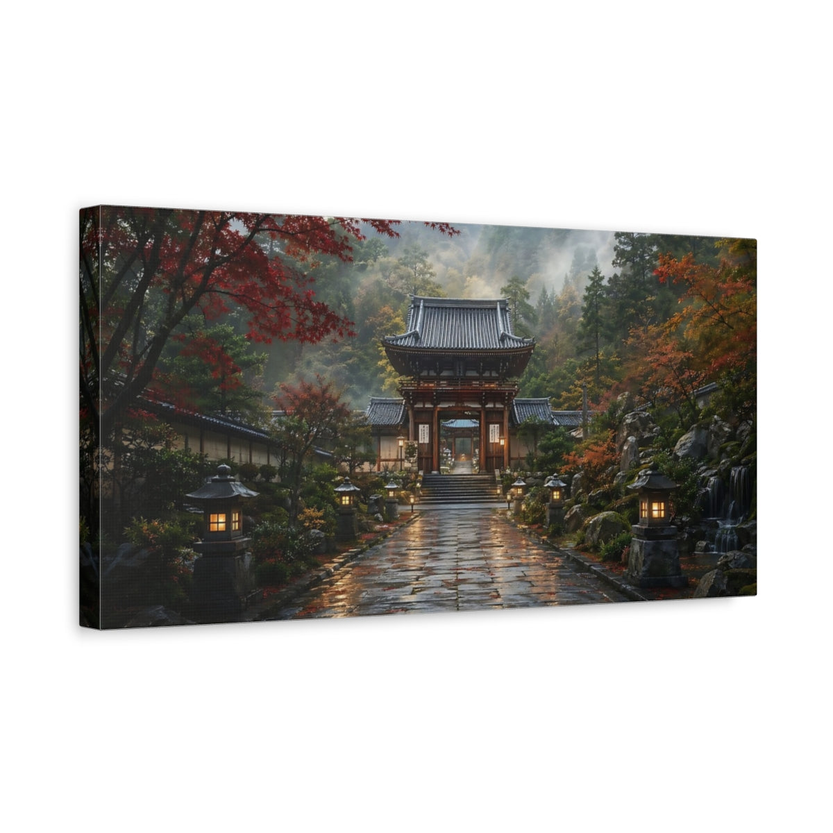 Side Mockup 3. Nature Temple Gate Japanese Autumn Temple shown as stretched canvas wall art