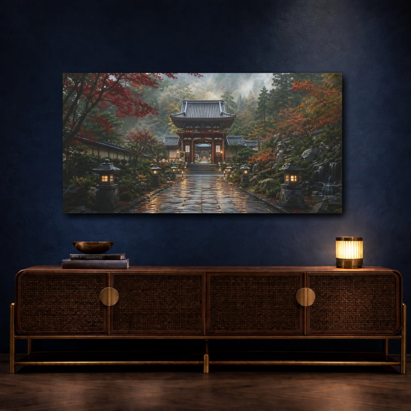 Mockup 4. Nature Temple Gate Japanese Autumn Temple shown as stretched canvas wall art