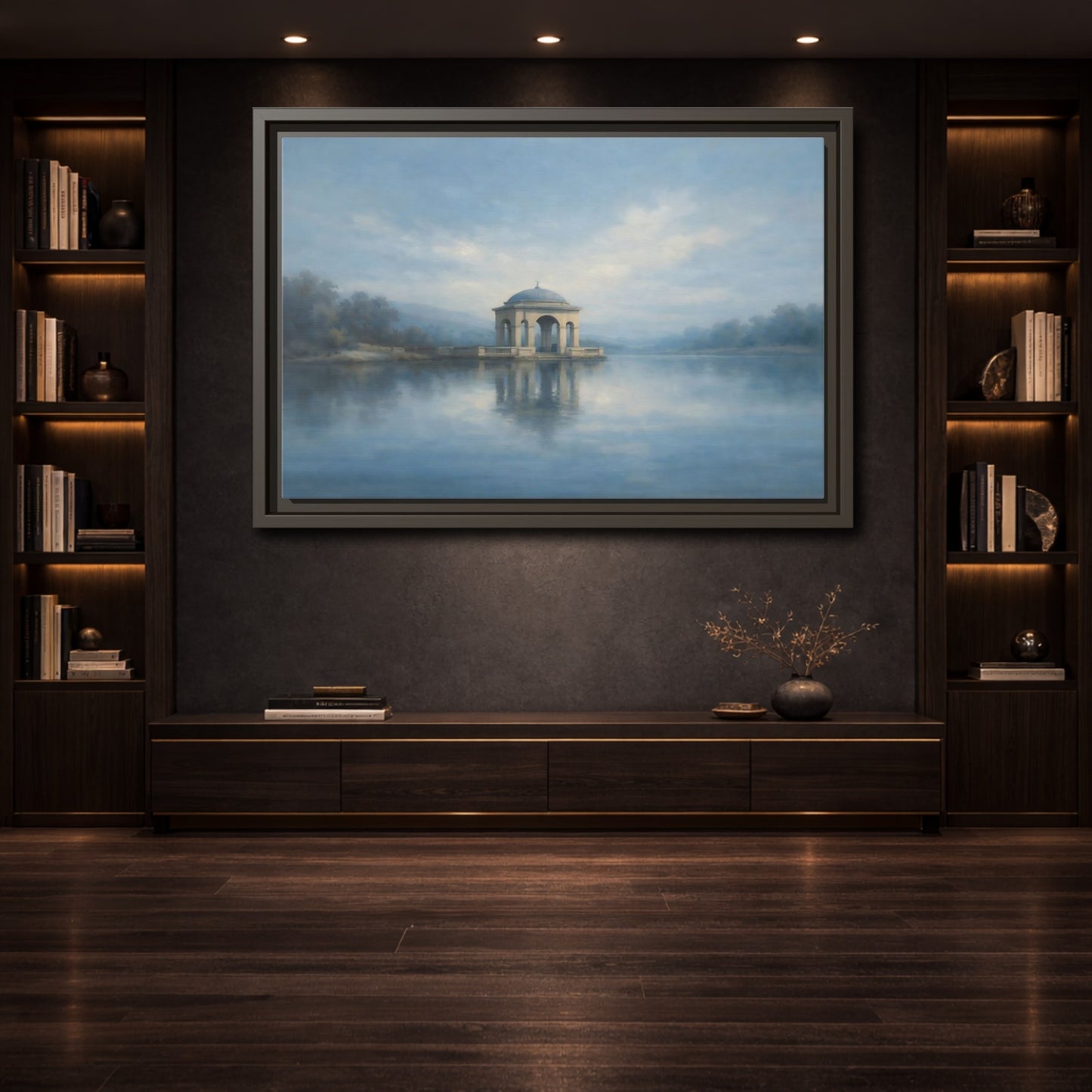 Mockup 3. Nature Temple Gazebo Misty Blue shown as stretched canvas wall art