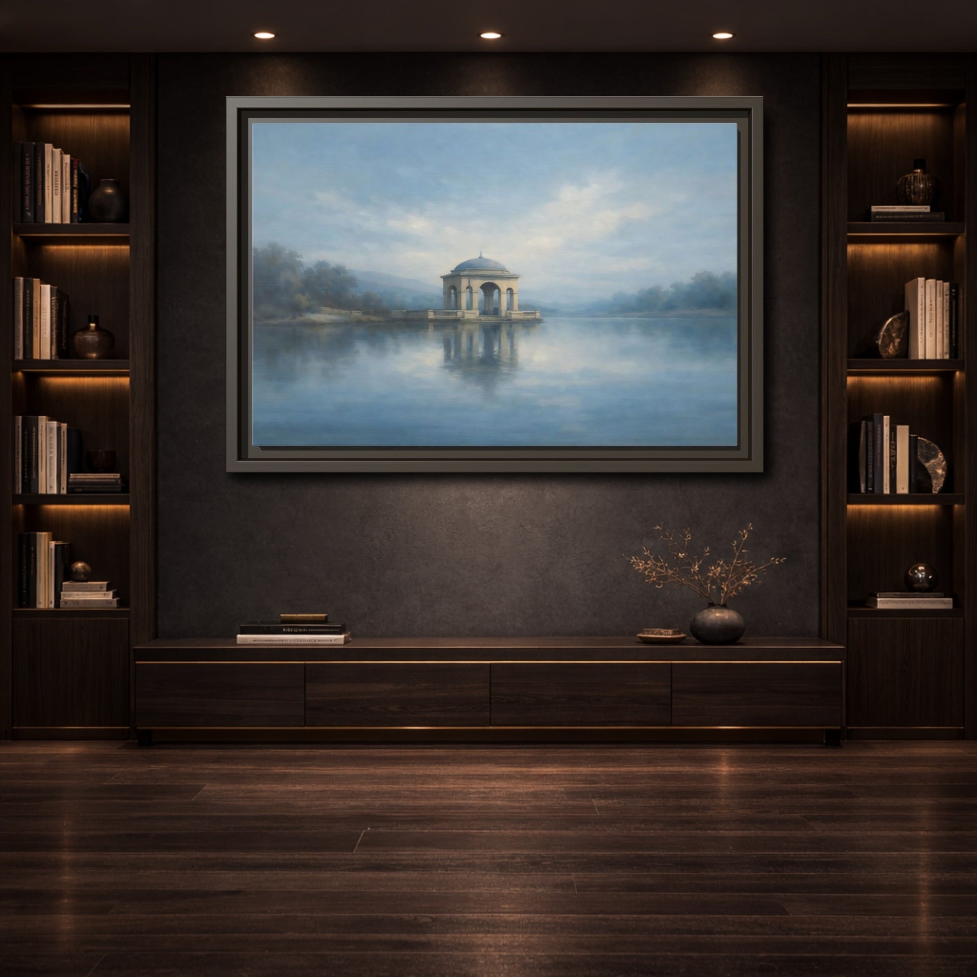 Mockup 3. Nature Temple Gazebo Misty Blue shown as stretched canvas wall art