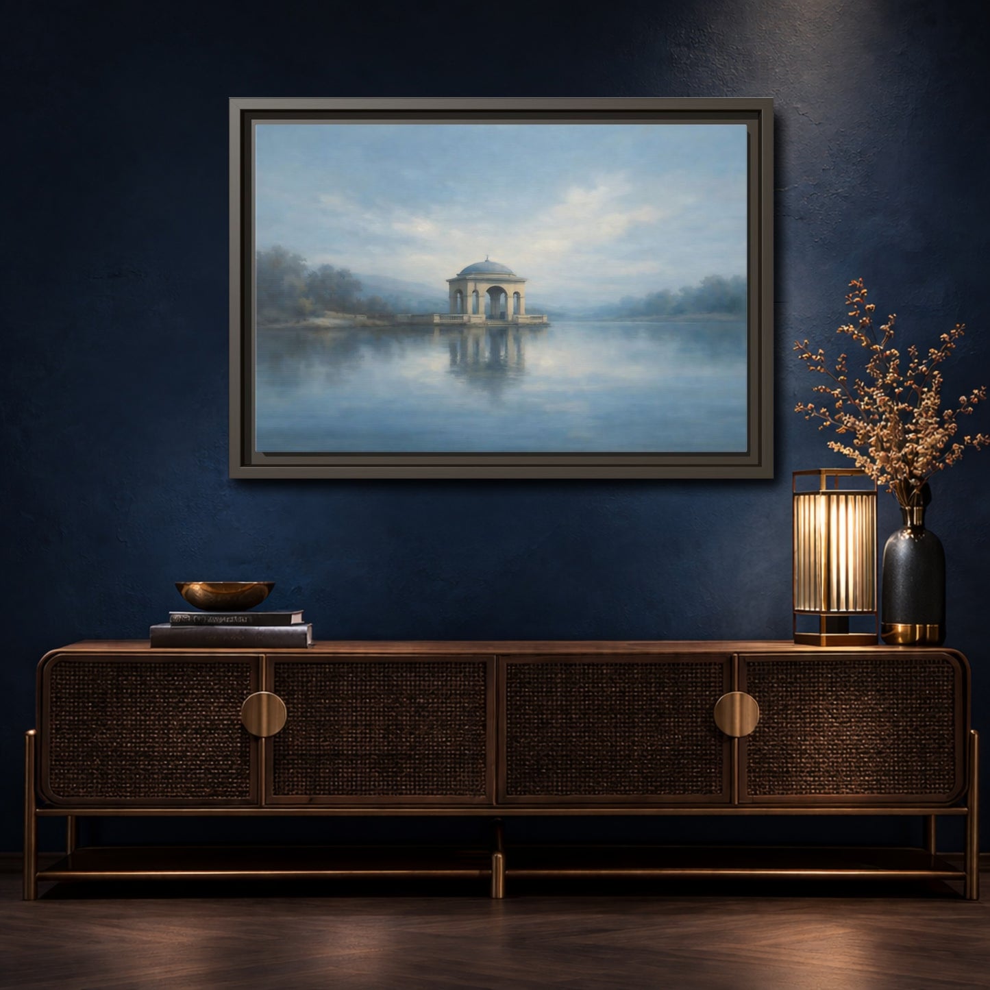 Mockup 4. Nature Temple Gazebo Misty Blue shown as stretched canvas wall art