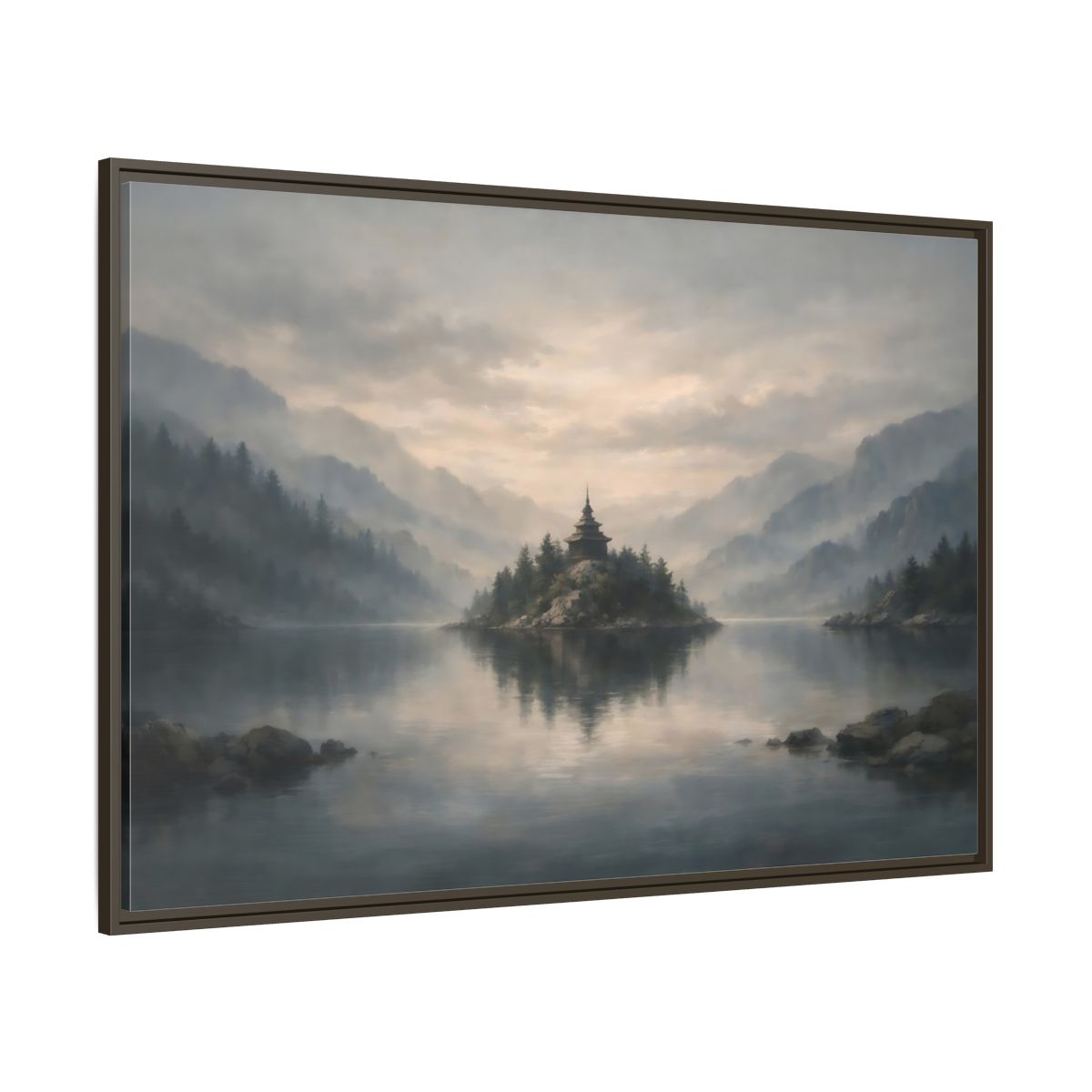 Main Mockup. Nature Temple Island Misty Mountain Lake shown as stretched canvas wall art