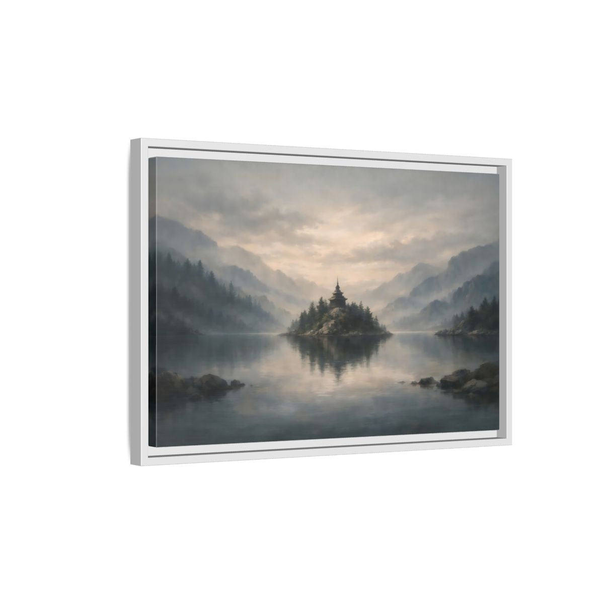 Side Mockup 1. Nature Temple Island Misty Mountain Lake shown as stretched canvas wall art