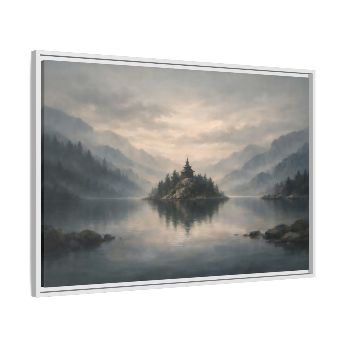 Side Mockup 8. Nature Temple Island Misty Mountain Lake shown as stretched canvas wall art