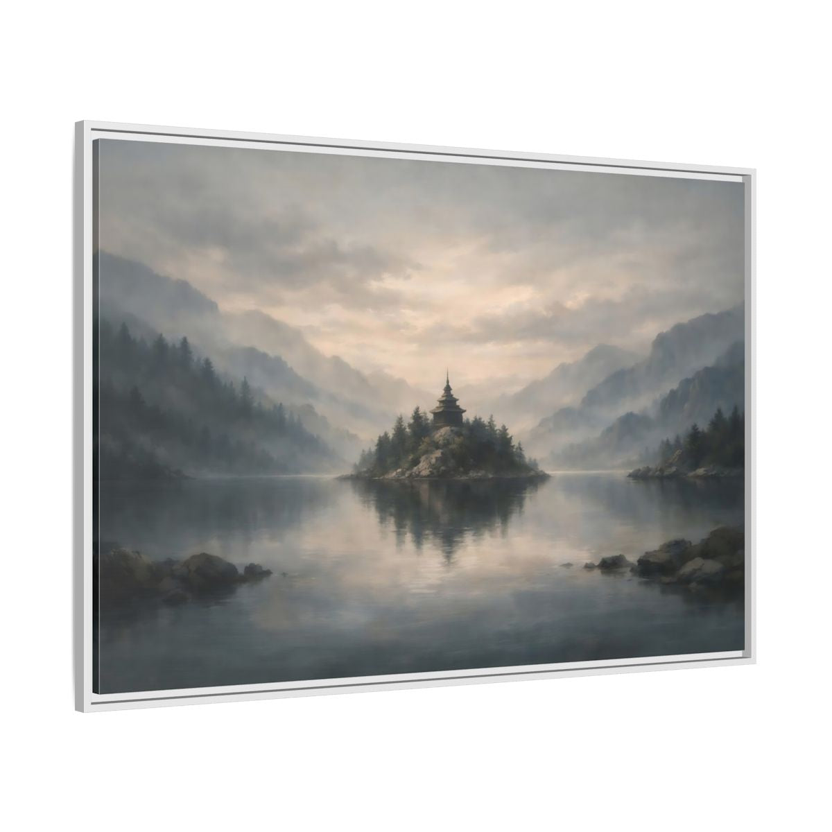 Side Mockup 7. Nature Temple Island Misty Mountain Lake shown as stretched canvas wall art