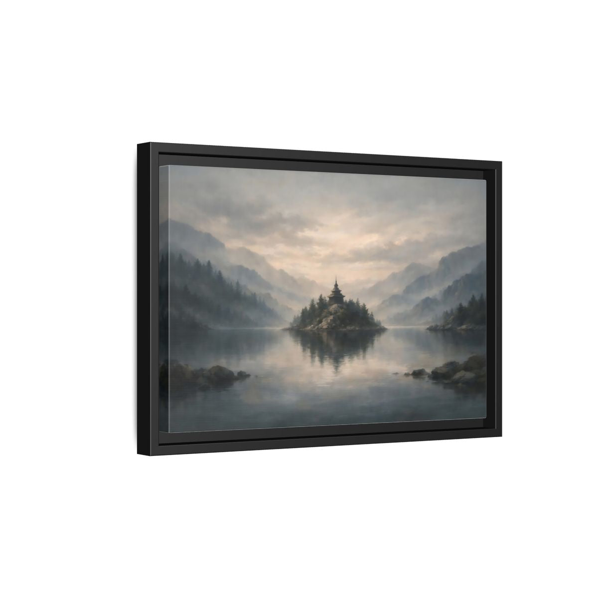 Side Mockup 6. Nature Temple Island Misty Mountain Lake shown as stretched canvas wall art