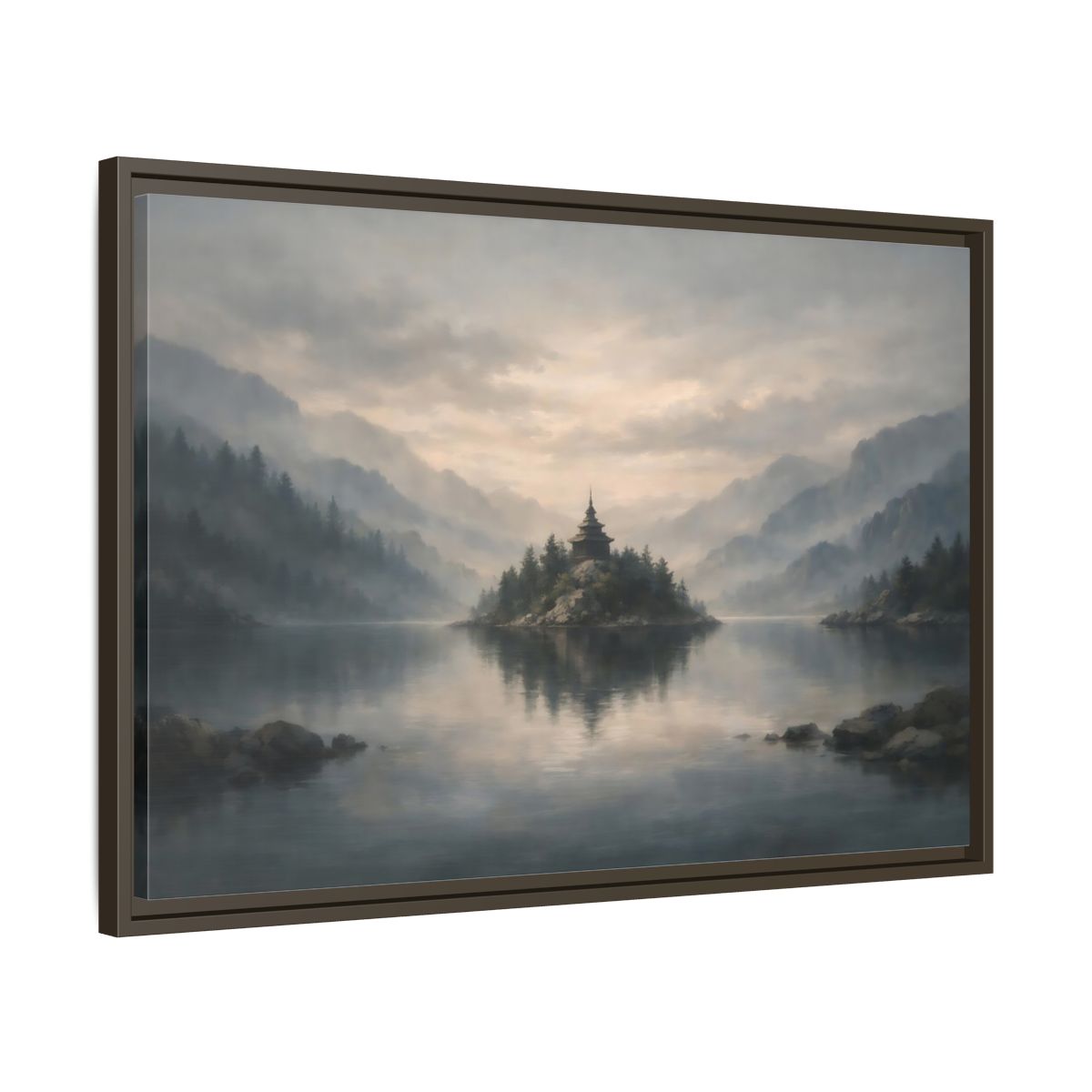 Side Mockup 11. Nature Temple Island Misty Mountain Lake shown as stretched canvas wall art