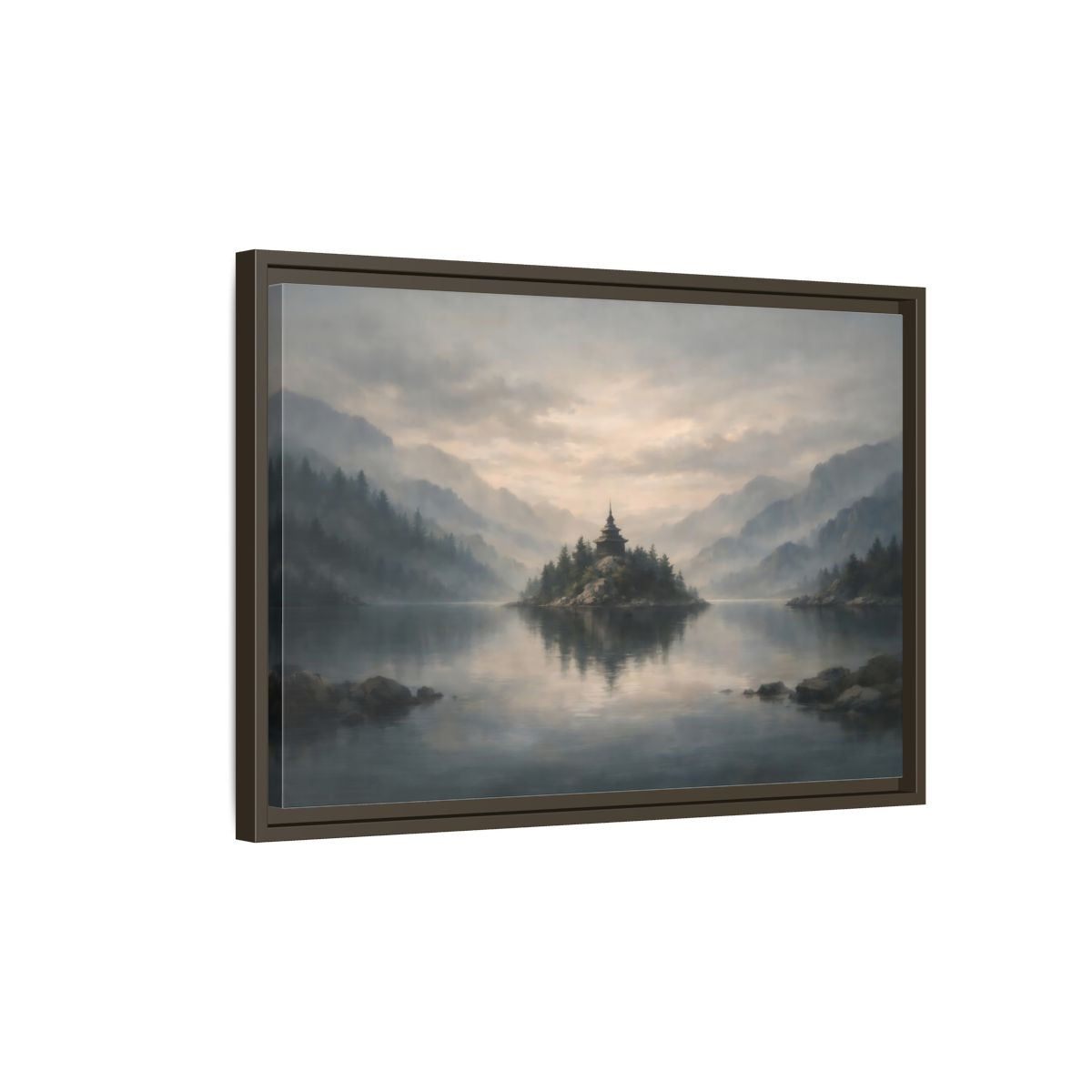 Side Mockup 2. Nature Temple Island Misty Mountain Lake shown as stretched canvas wall art