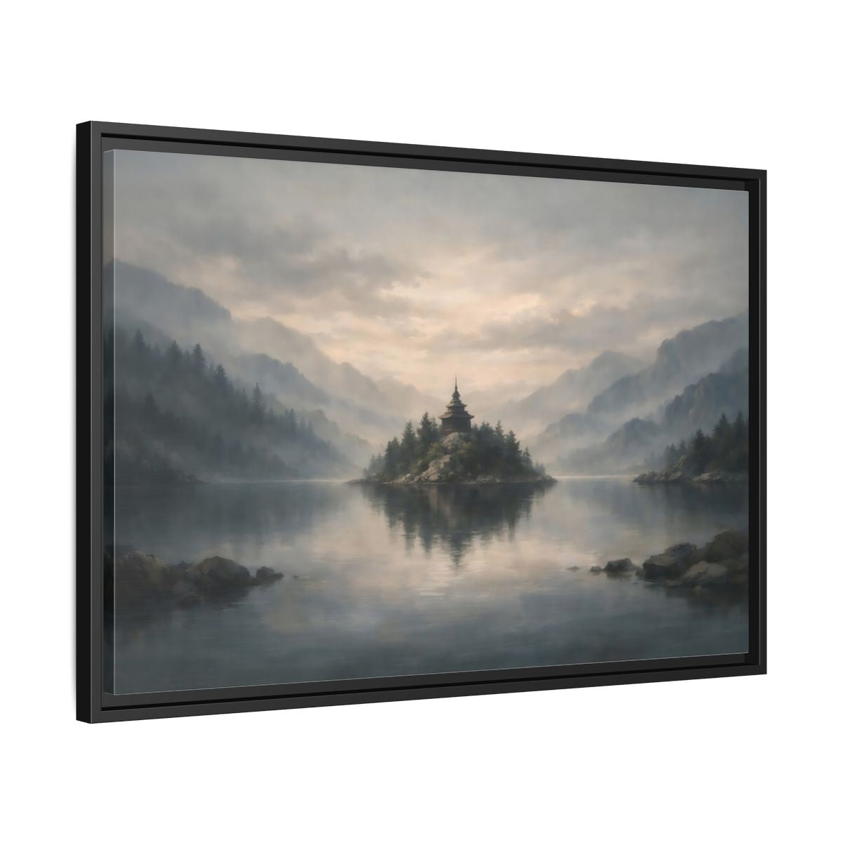 Side Mockup 14. Nature Temple Island Misty Mountain Lake shown as stretched canvas wall art