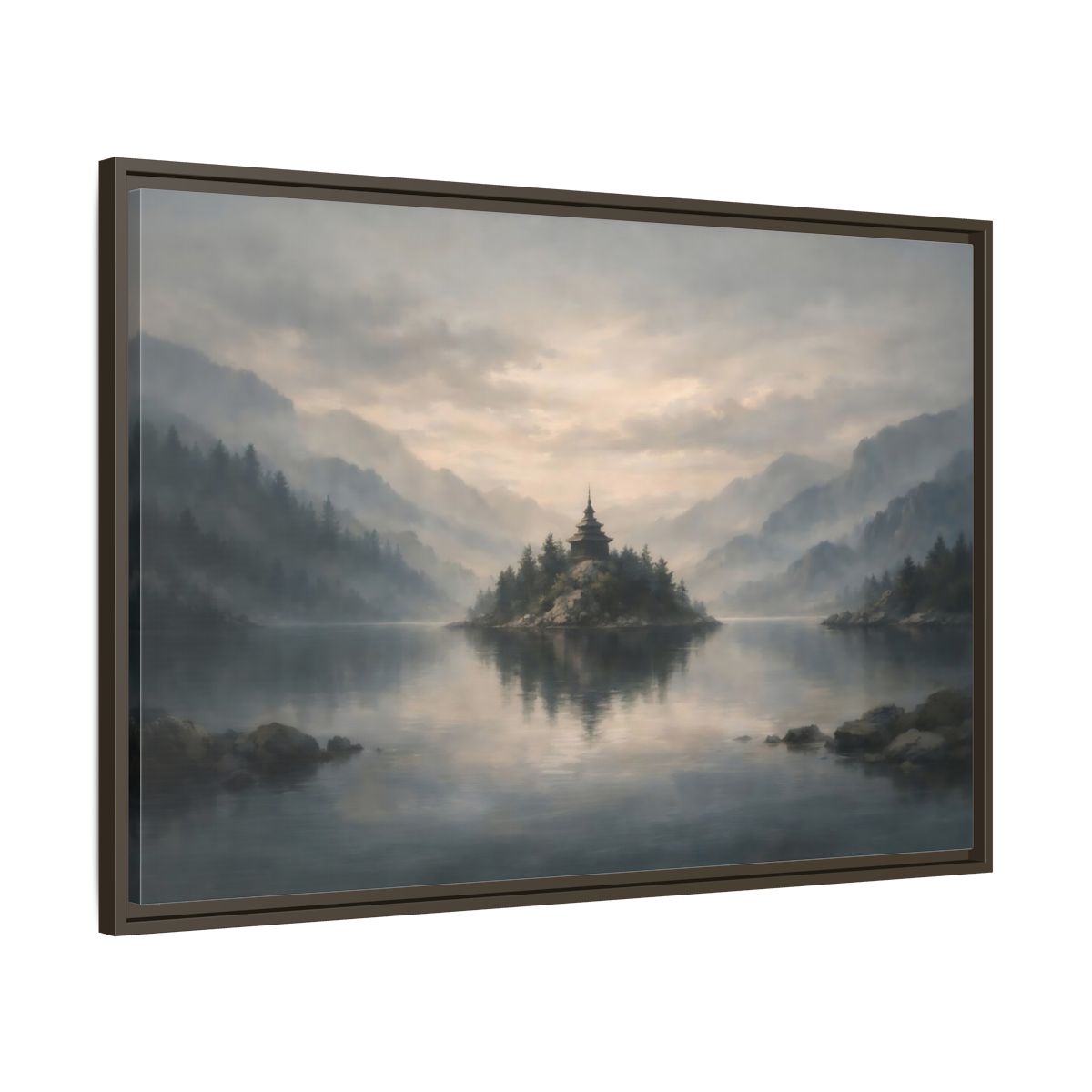 Side Mockup 9. Nature Temple Island Misty Mountain Lake shown as stretched canvas wall art