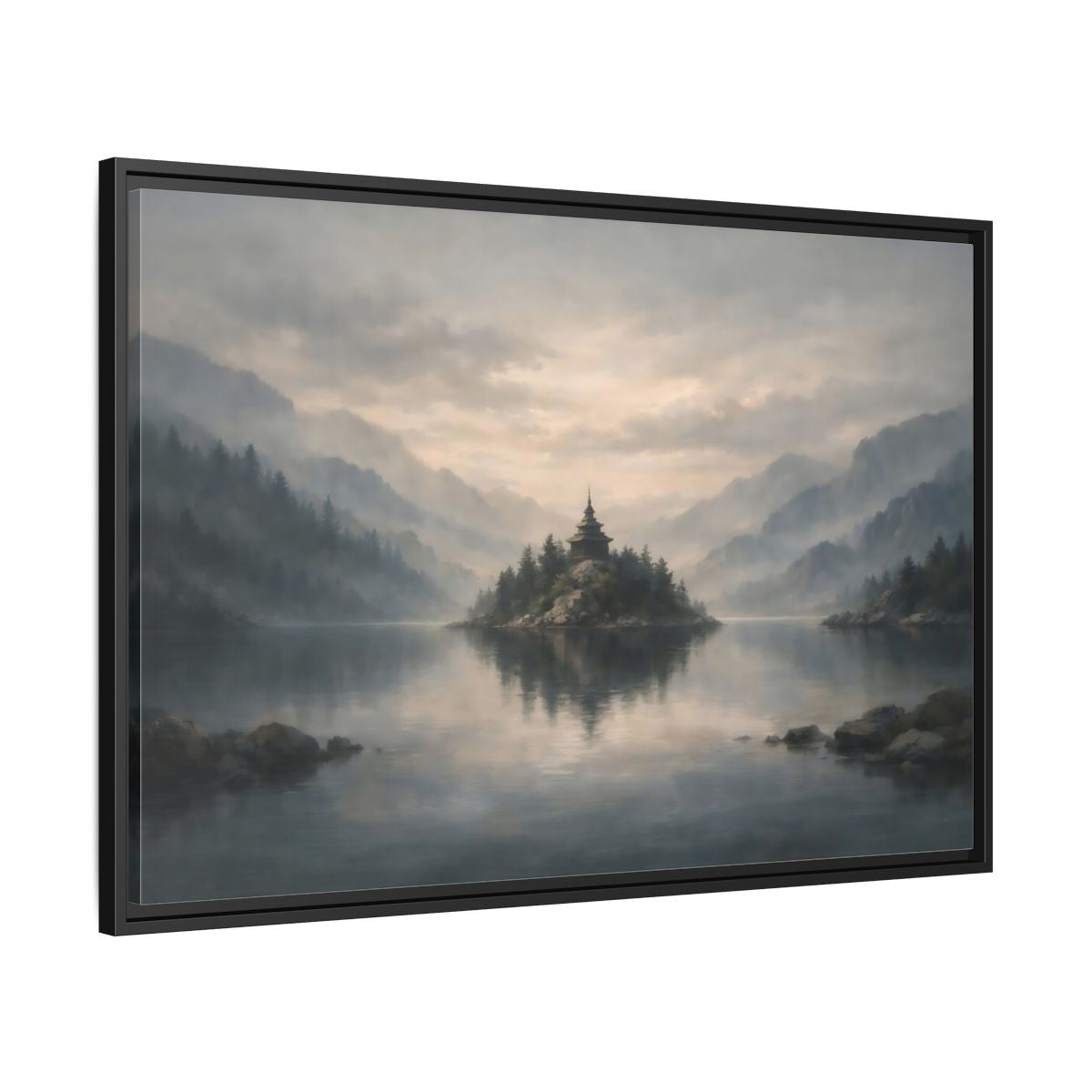 Side Mockup 13. Nature Temple Island Misty Mountain Lake shown as stretched canvas wall art