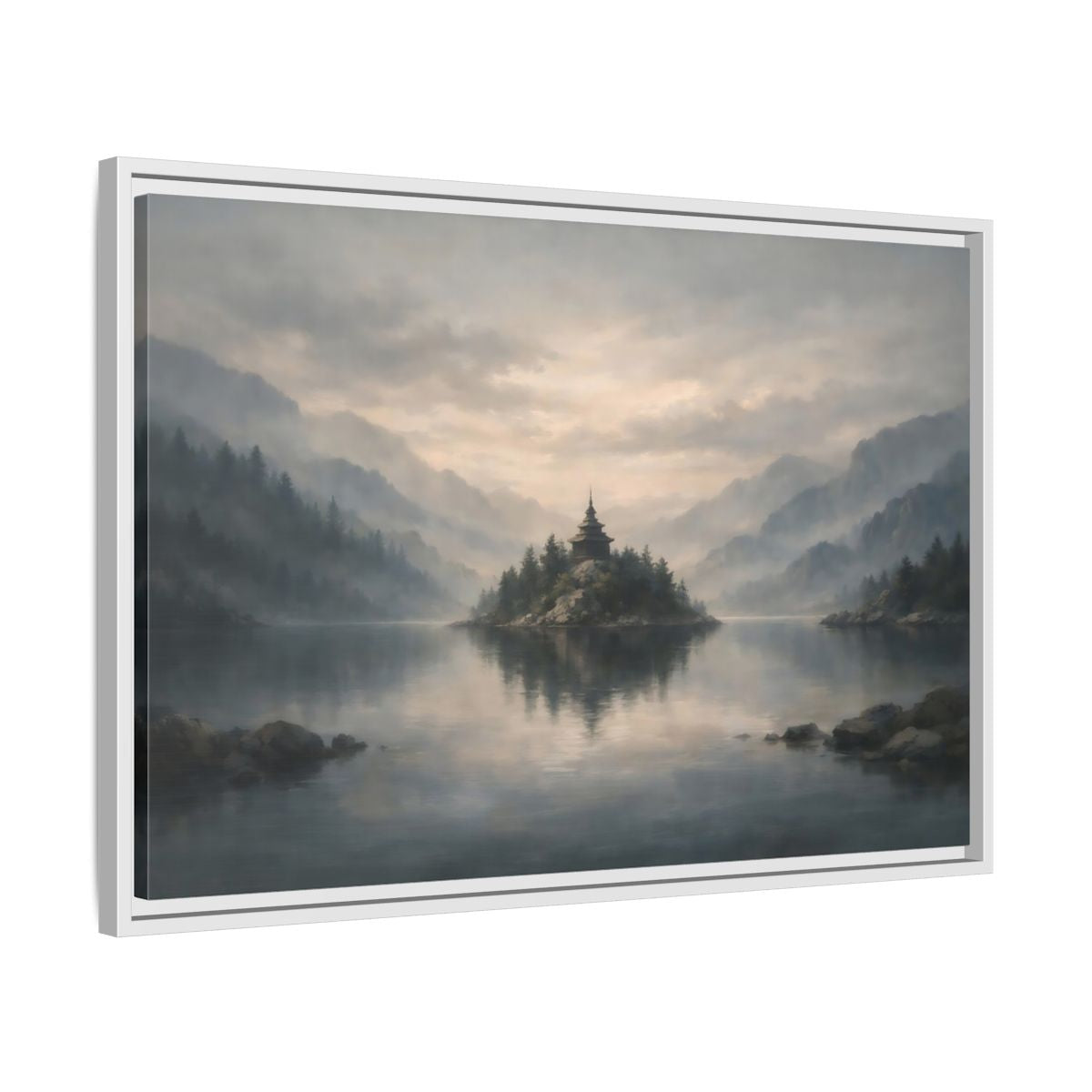 Side Mockup 10. Nature Temple Island Misty Mountain Lake shown as stretched canvas wall art