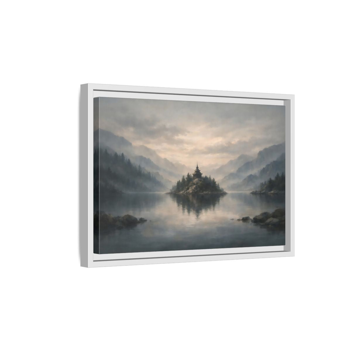 Side Mockup 4. Nature Temple Island Misty Mountain Lake shown as stretched canvas wall art