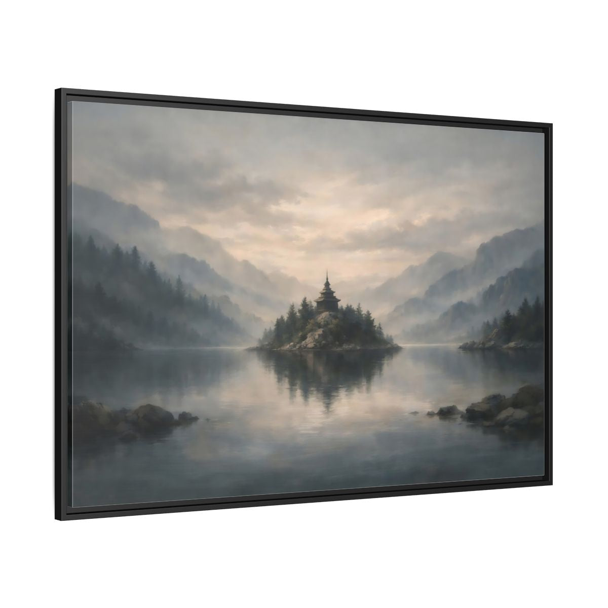 Side Mockup 12. Nature Temple Island Misty Mountain Lake shown as stretched canvas wall art