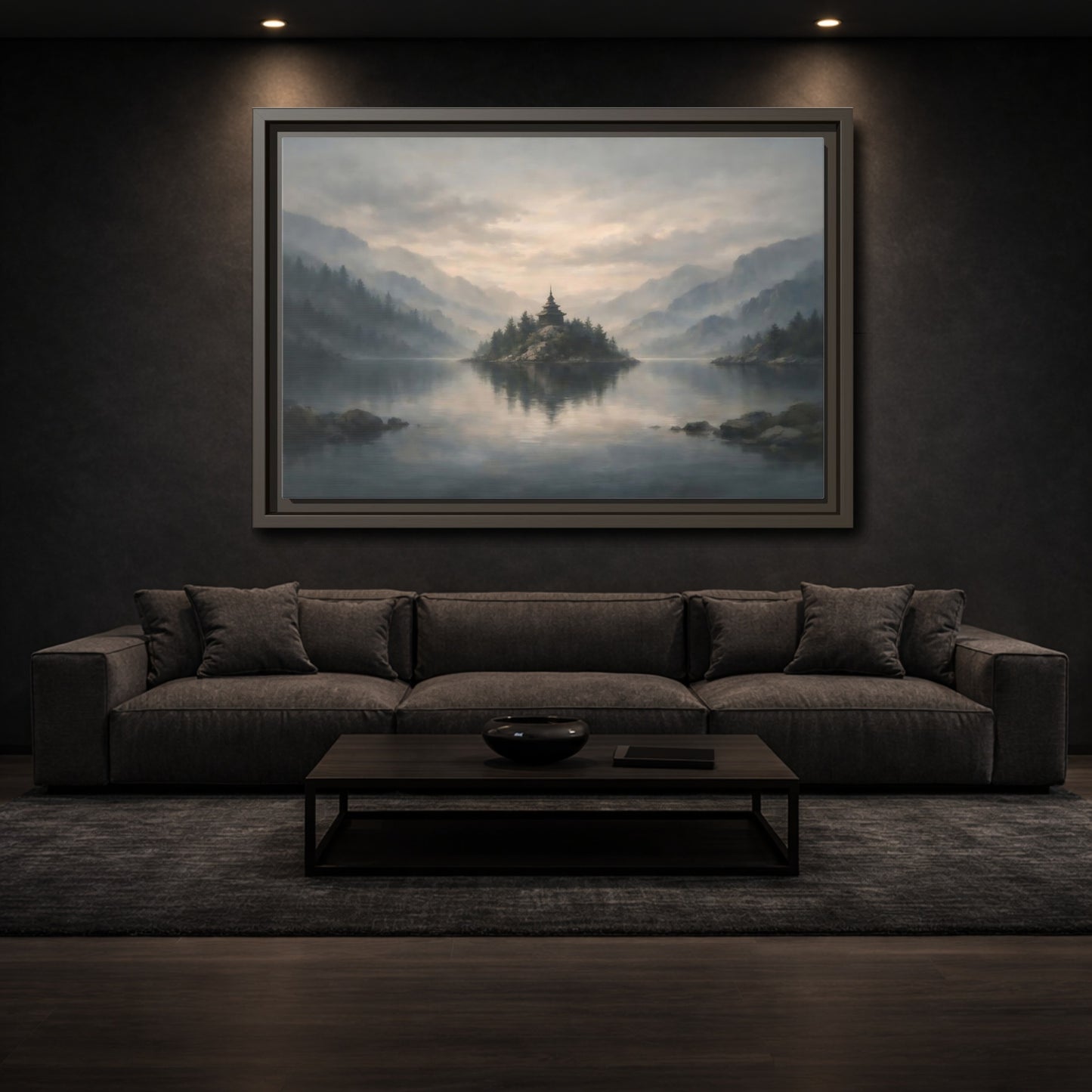 Mockup 2. Nature Temple Island Misty Mountain Lake shown as stretched canvas wall art