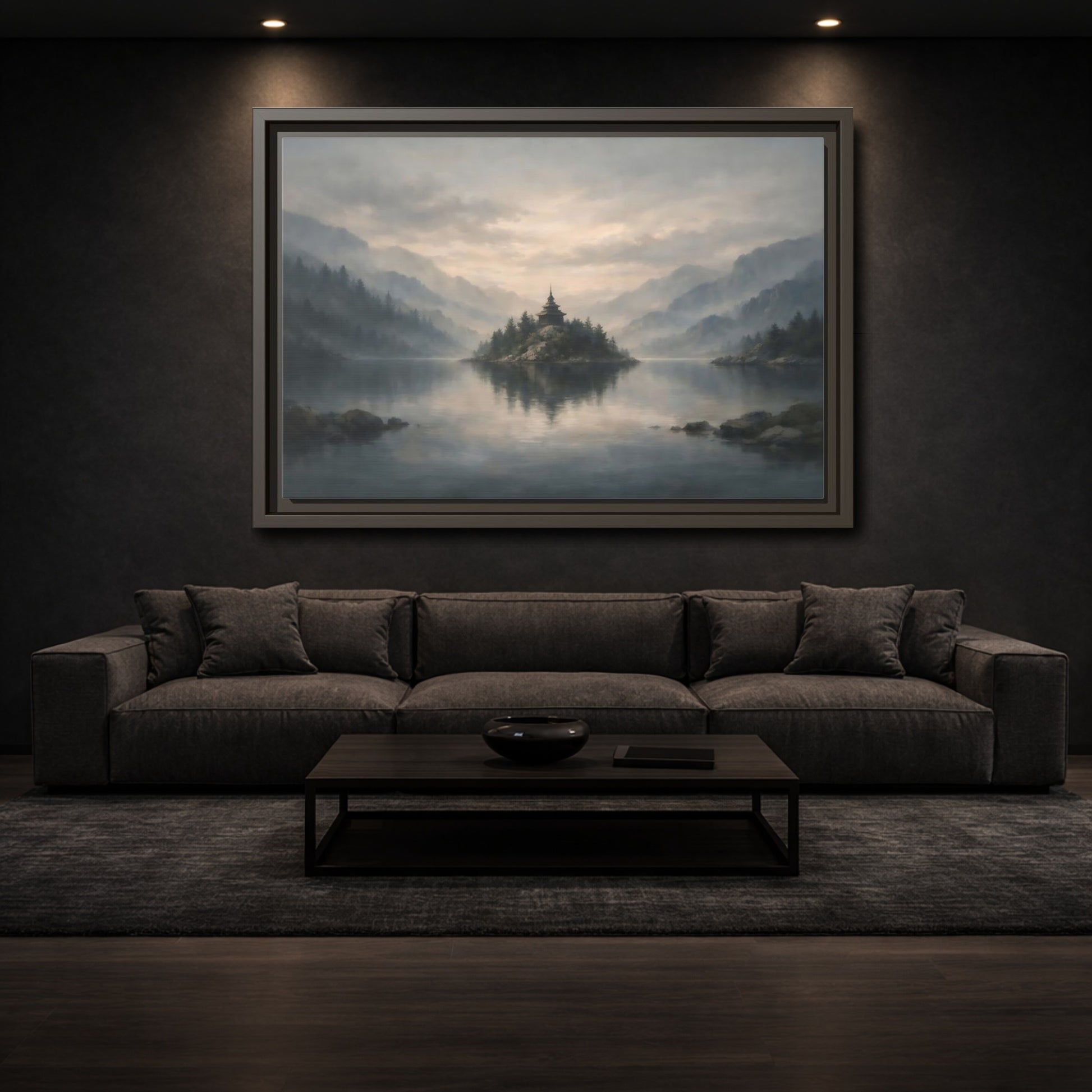 Mockup 2. Nature Temple Island Misty Mountain Lake shown as stretched canvas wall art