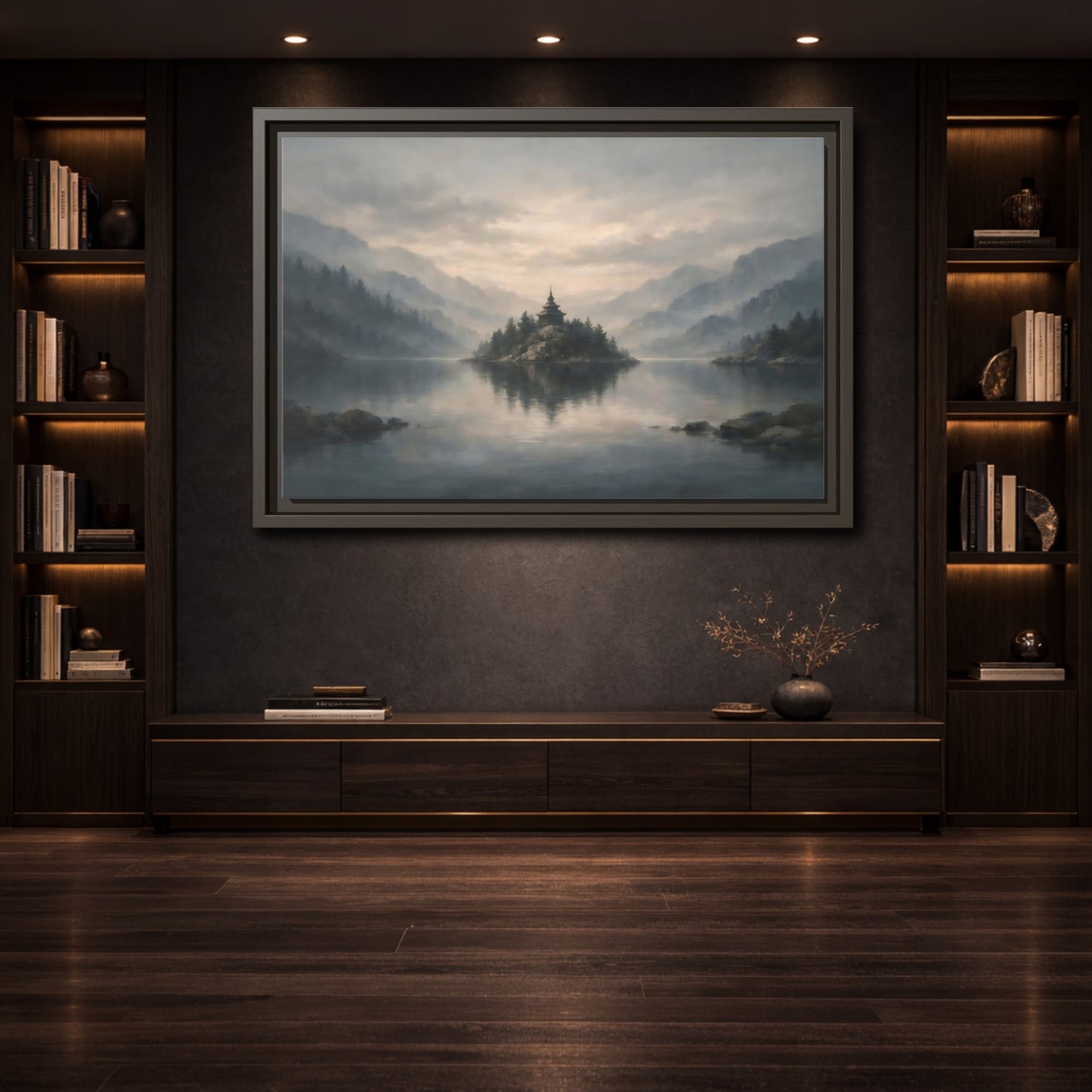 Mockup 3. Nature Temple Island Misty Mountain Lake shown as stretched canvas wall art