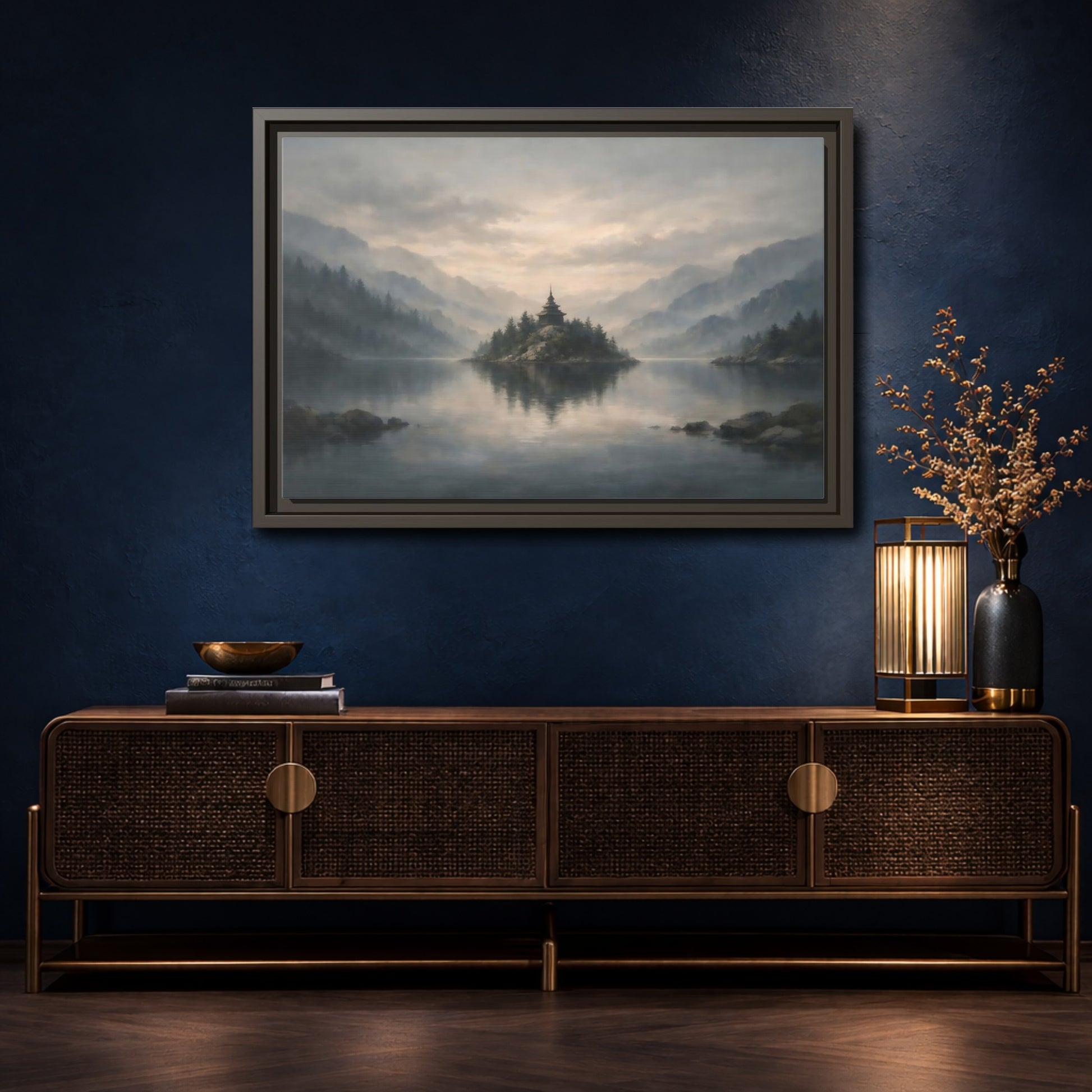 Mockup 4. Nature Temple Island Misty Mountain Lake shown as stretched canvas wall art