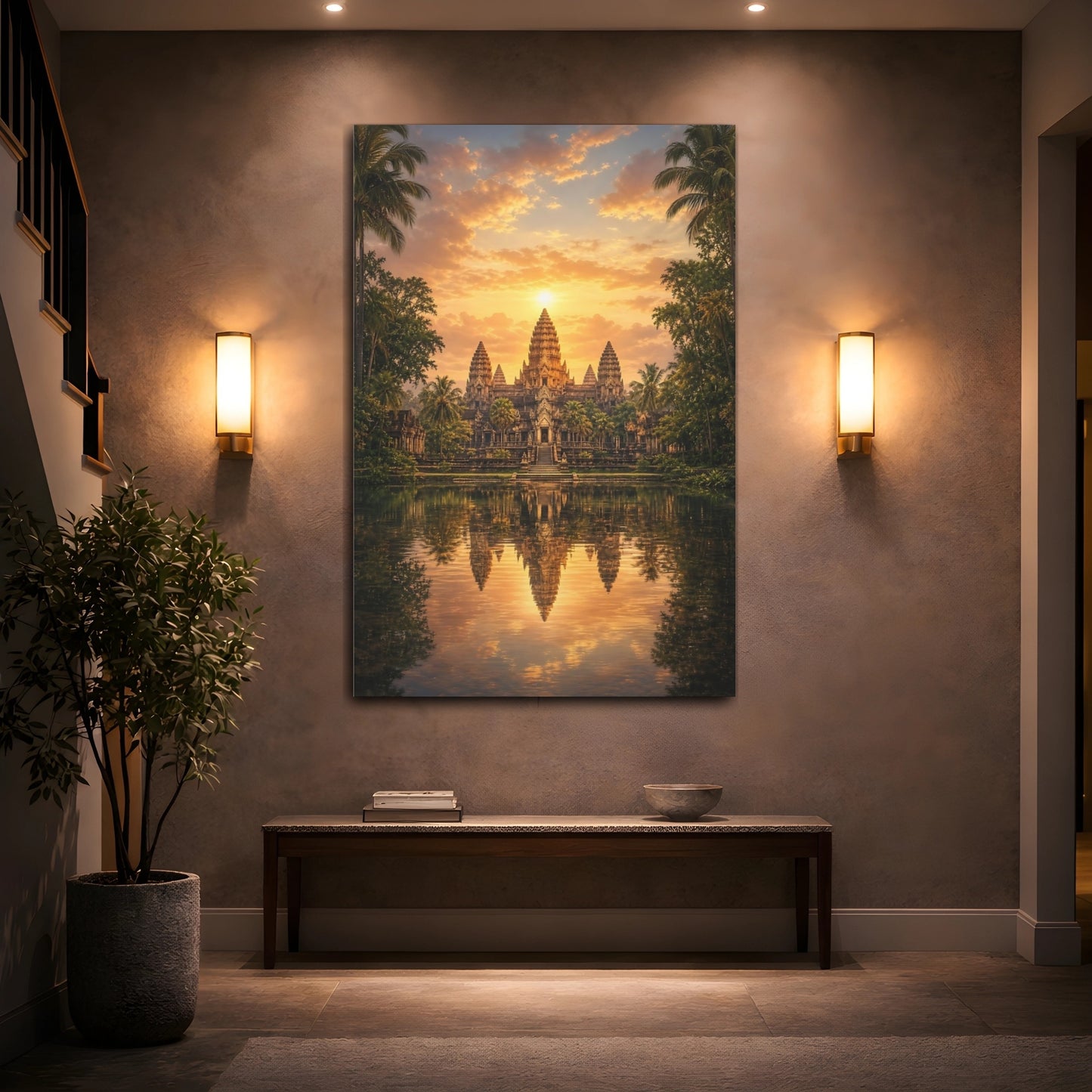 Mockup 2. Nature Temple Orange Sunset Temple shown as stretched canvas wall art