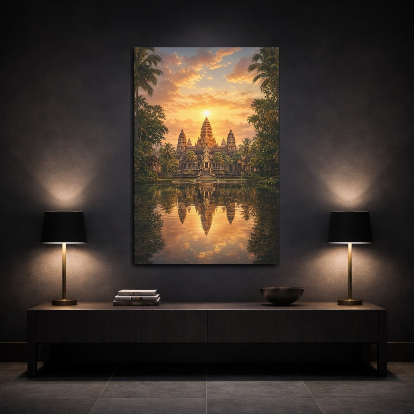 Mockup 3. Nature Temple Orange Sunset Temple shown as stretched canvas wall art