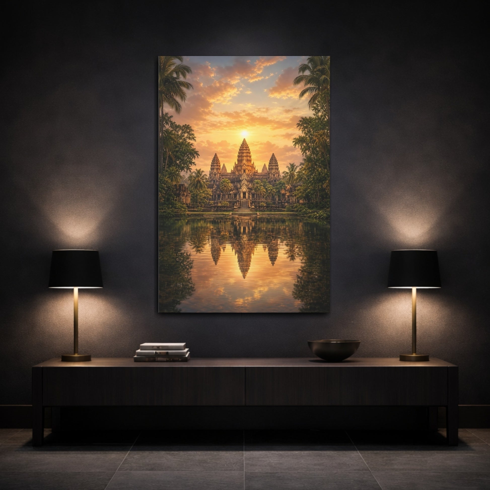 Mockup 3. Nature Temple Orange Sunset Temple shown as stretched canvas wall art