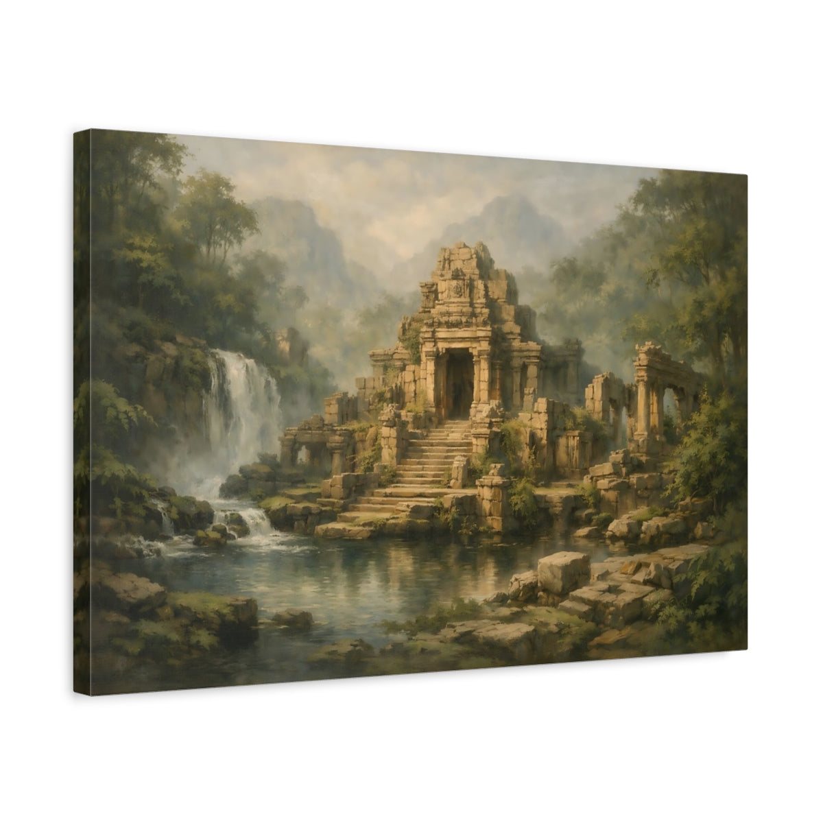 Side Mockup 3. Nature Temple Ruins Green Brown Ruins shown as stretched canvas wall art