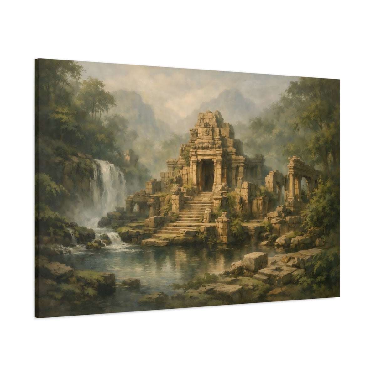 Main Mockup. Nature Temple Ruins Green Brown Ruins shown as stretched canvas wall art